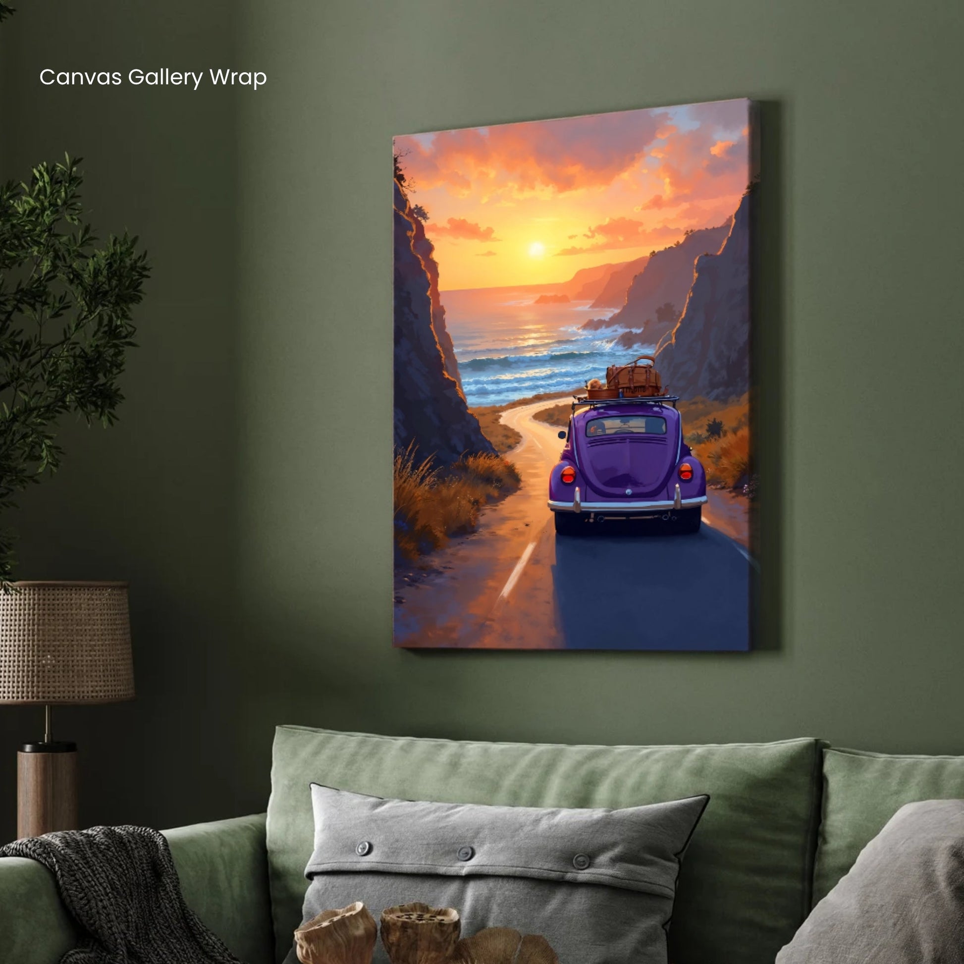 Sunset Roadscape – Vintage Car & Coastal Drive Canvas Wall Art 2 : 3 Vertical Premium Wall Art Canvas by MeriDeewar