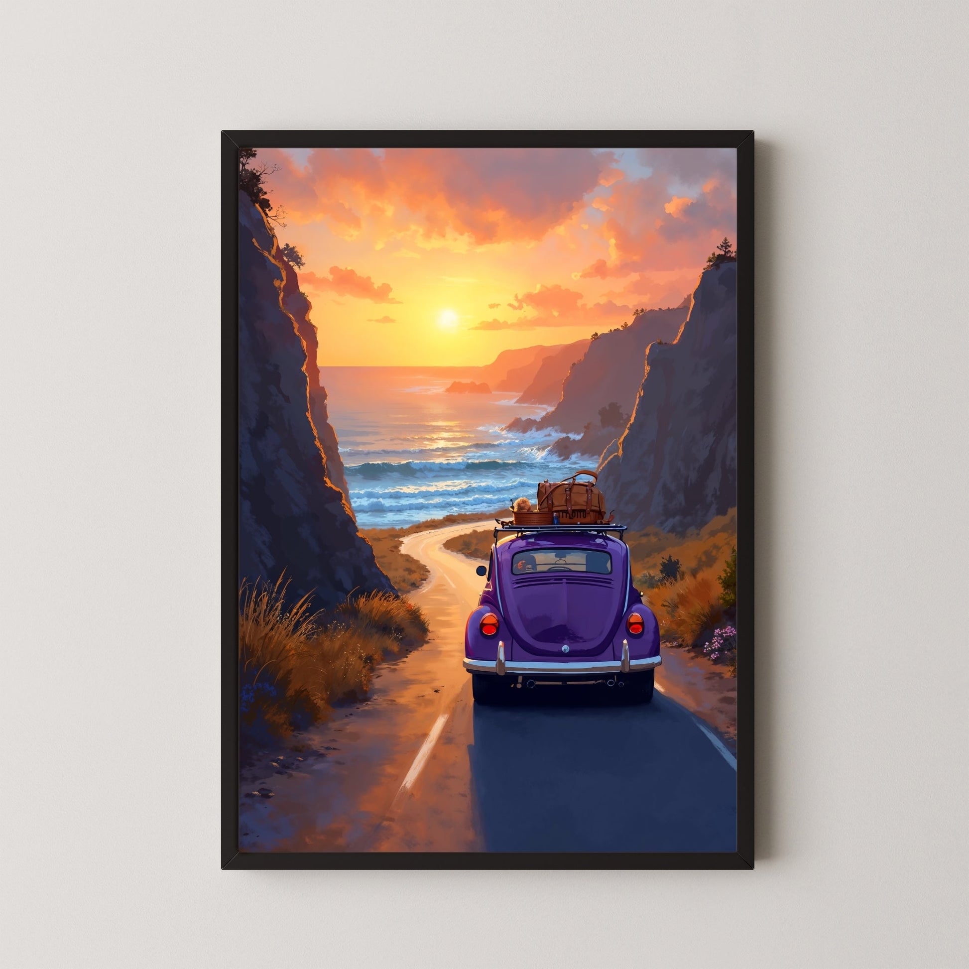 Sunset Roadscape – Vintage Car & Coastal Drive Canvas Wall Art 2 : 3 Vertical Premium Wall Art Canvas by MeriDeewar
