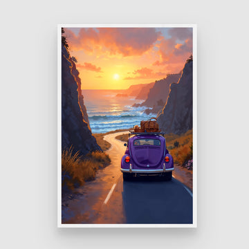 Sunset Roadscape – Vintage Car & Coastal Drive Canvas Wall Art 2 : 3 Vertical Premium Wall Art Canvas by MeriDeewar