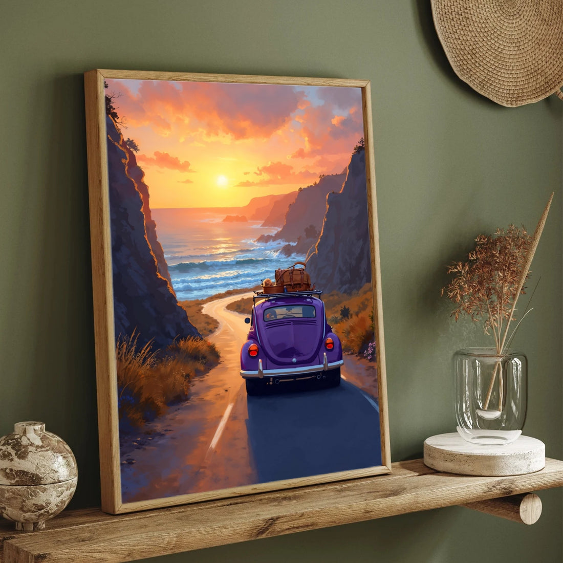 Sunset Roadscape – Vintage Car & Coastal Drive Canvas Wall Art 2 : 3 Vertical Premium Wall Art Canvas by MeriDeewar
