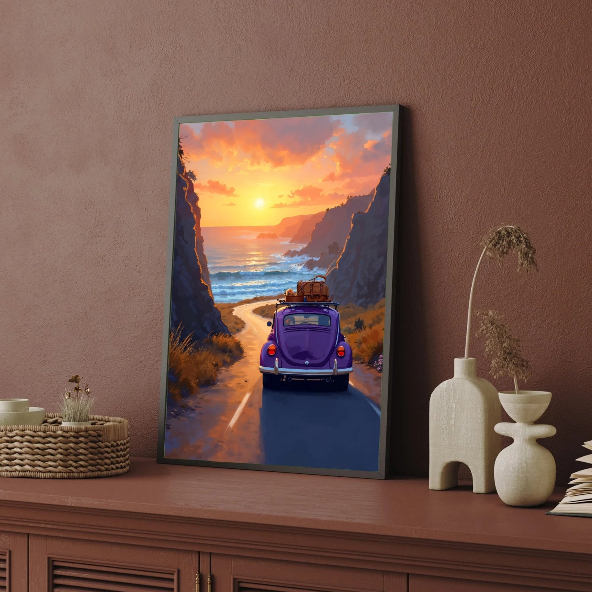 Sunset Roadscape – Vintage Car & Coastal Drive Canvas Wall Art 2 : 3 Vertical Premium Wall Art Canvas by MeriDeewar