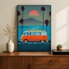 "Sunset Surf Van" Coastal Retro Travel Poster | Vertical Borderless Art Frame Poster Premium Wall Art Canvas by MeriDeewar