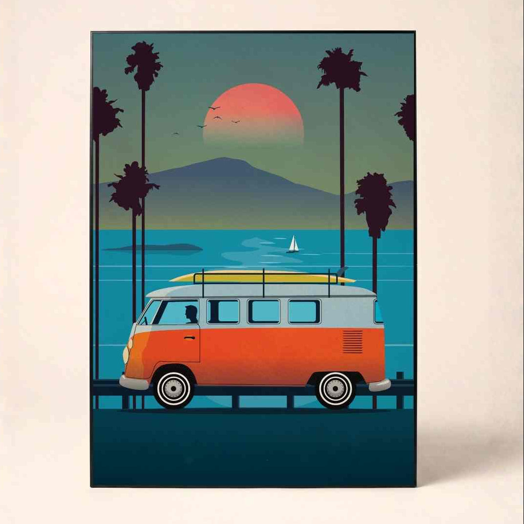 "Sunset Surf Van" Coastal Retro Travel Poster | Vertical Borderless Art Frame Poster Premium Wall Art Canvas by MeriDeewar