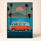 "Sunset Surf Van" Coastal Retro Travel Poster | Vertical Borderless Art Frame Poster Premium Wall Art Canvas by MeriDeewar