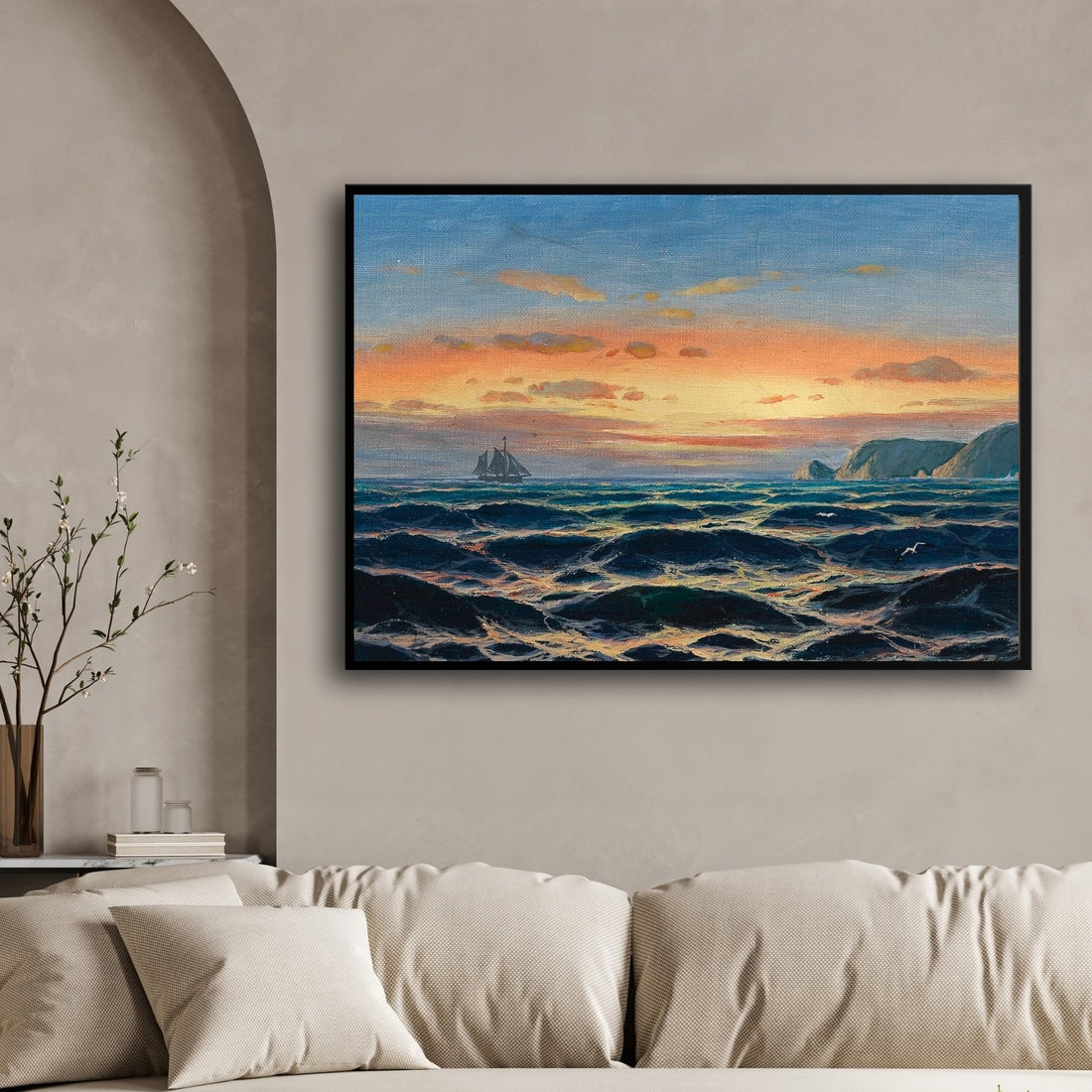 Sunset Voyage – Dramatic Ocean Scene with Ship Wall Art 2 : 3 Horizontal Premium Wall Art Canvas by MeriDeewar