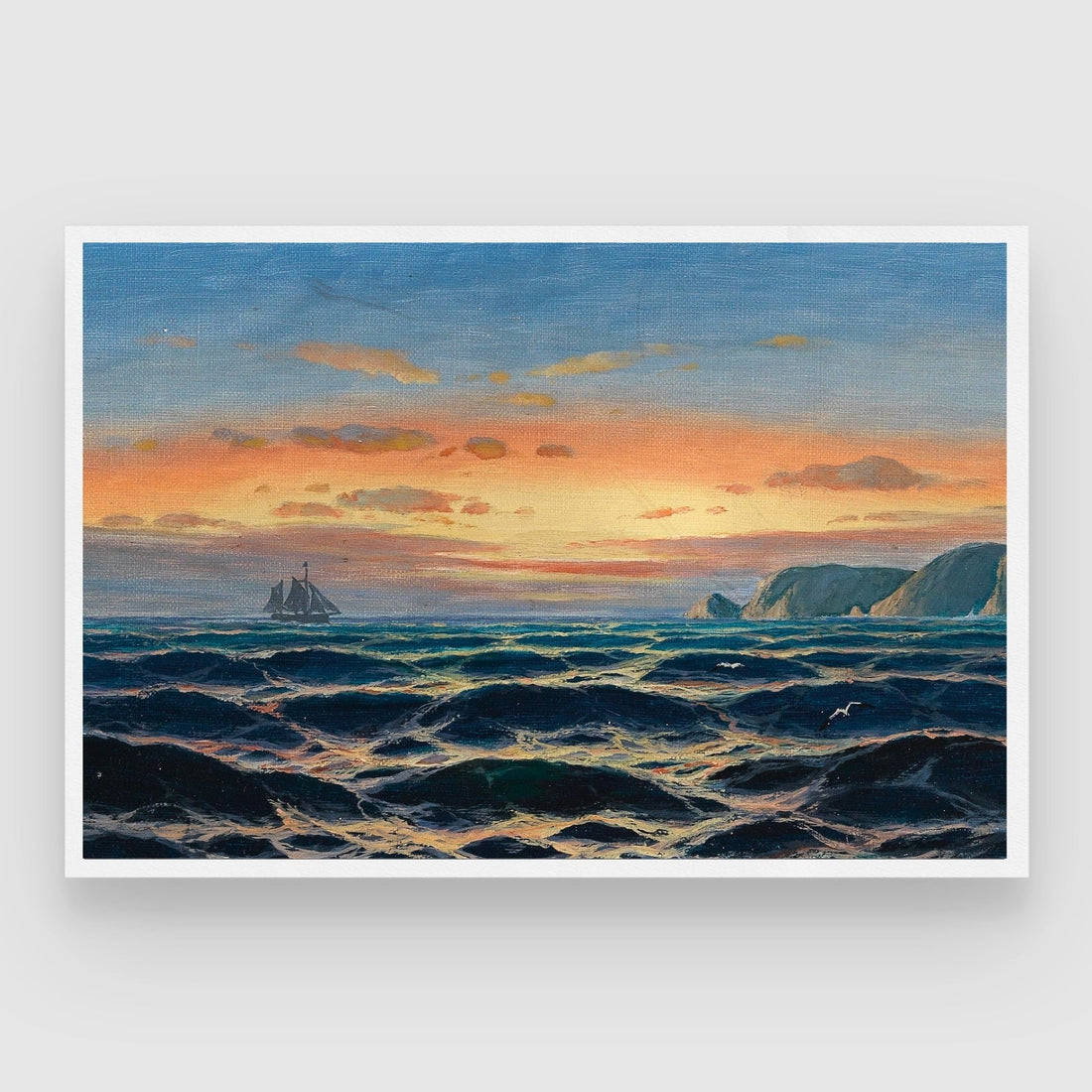 Sunset Voyage – Dramatic Ocean Scene with Ship Wall Art 2 : 3 Horizontal Premium Wall Art Canvas by MeriDeewar