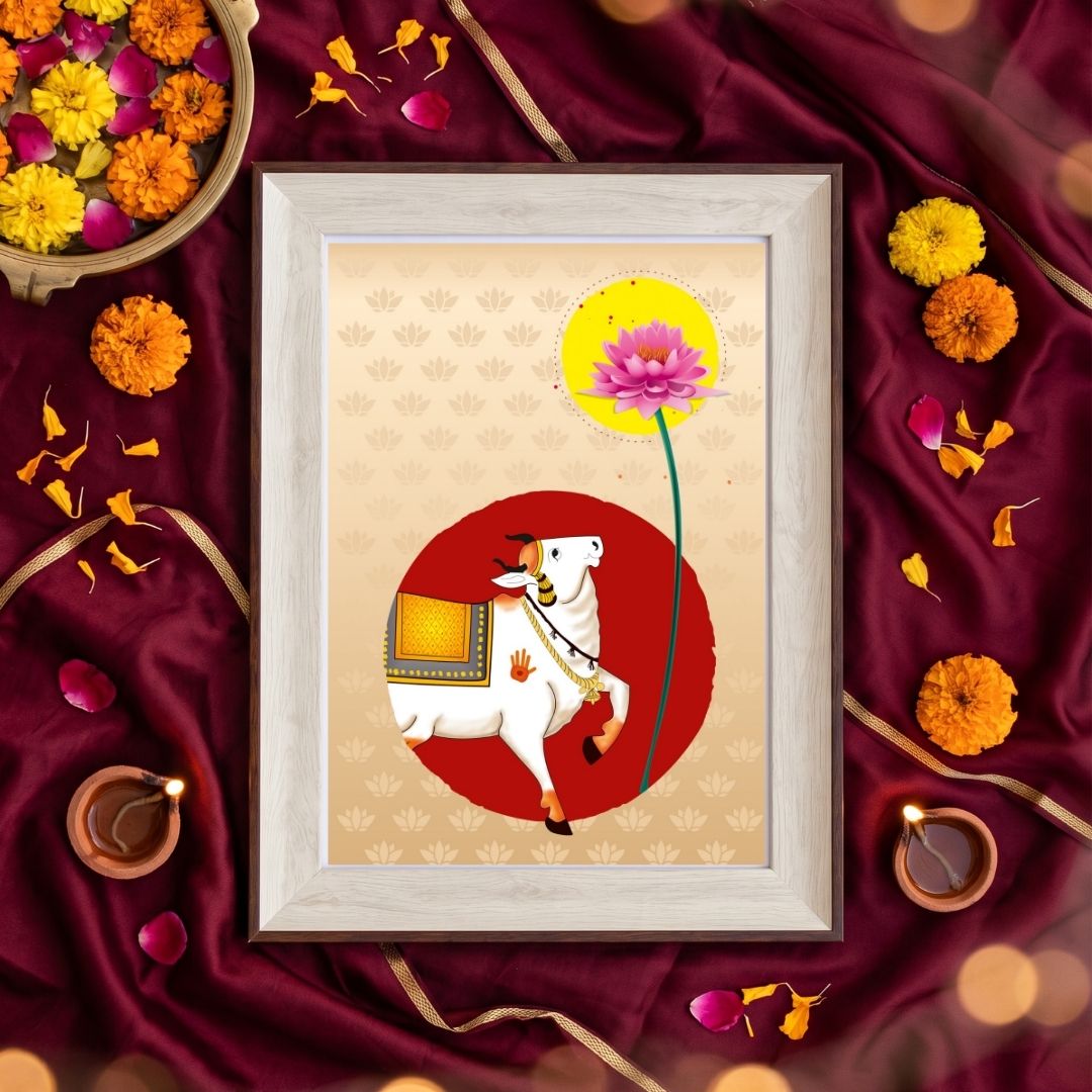 Surya Kamal Pichwai | Sacred Cow & Blooming Lotus Vermilion Framed Art Curate Oakwood mix / Small Premium Wall Art Canvas by MeriDeewar