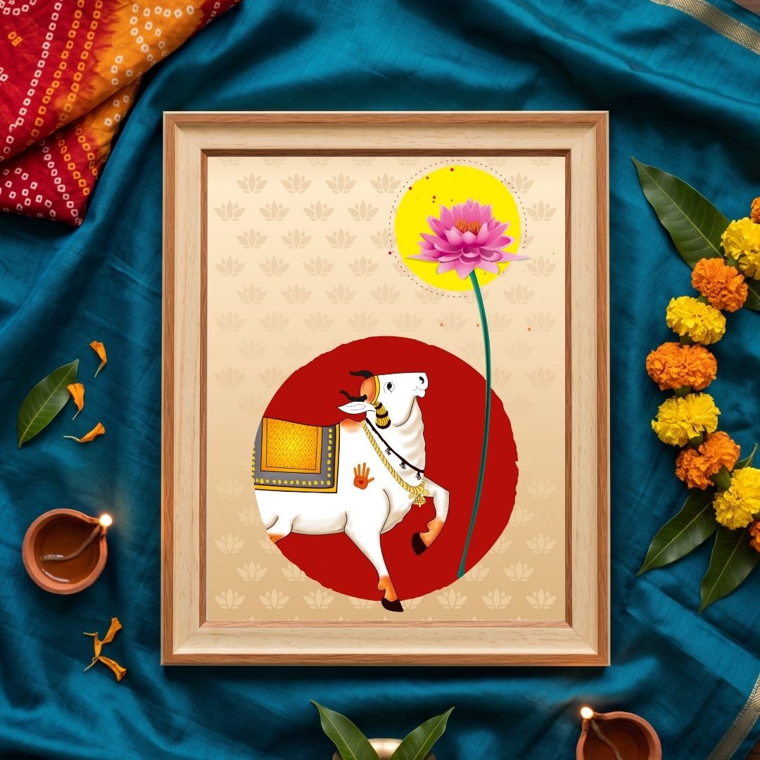 Surya Kamal Pichwai | Sacred Cow & Blooming Lotus Vermilion Framed Art Curate Pinewood Mix / Small Premium Wall Art Canvas by MeriDeewar