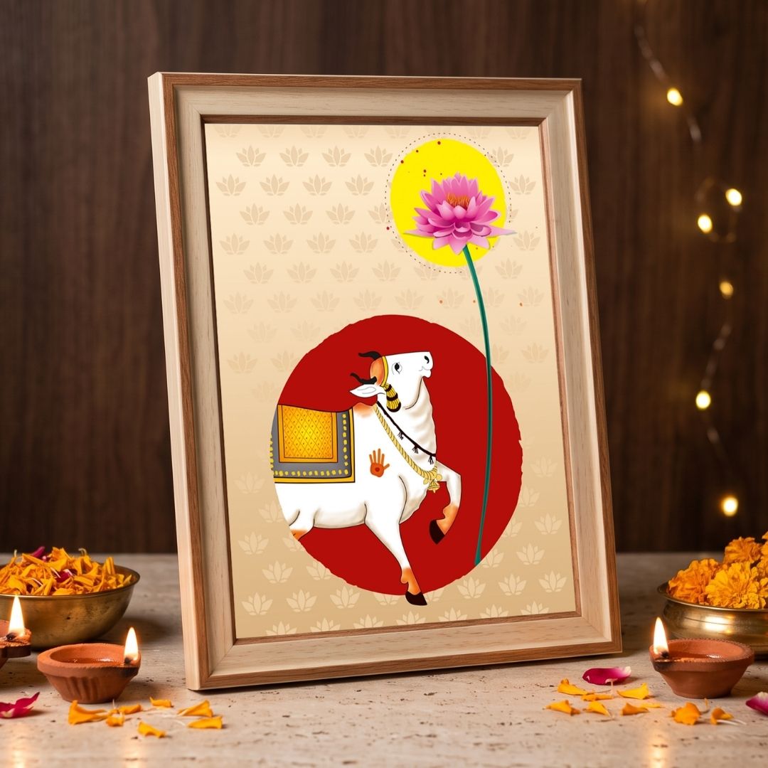 Surya Kamal Pichwai | Sacred Cow & Blooming Lotus Vermilion Framed Art Curate Premium Wall Art Canvas by MeriDeewar