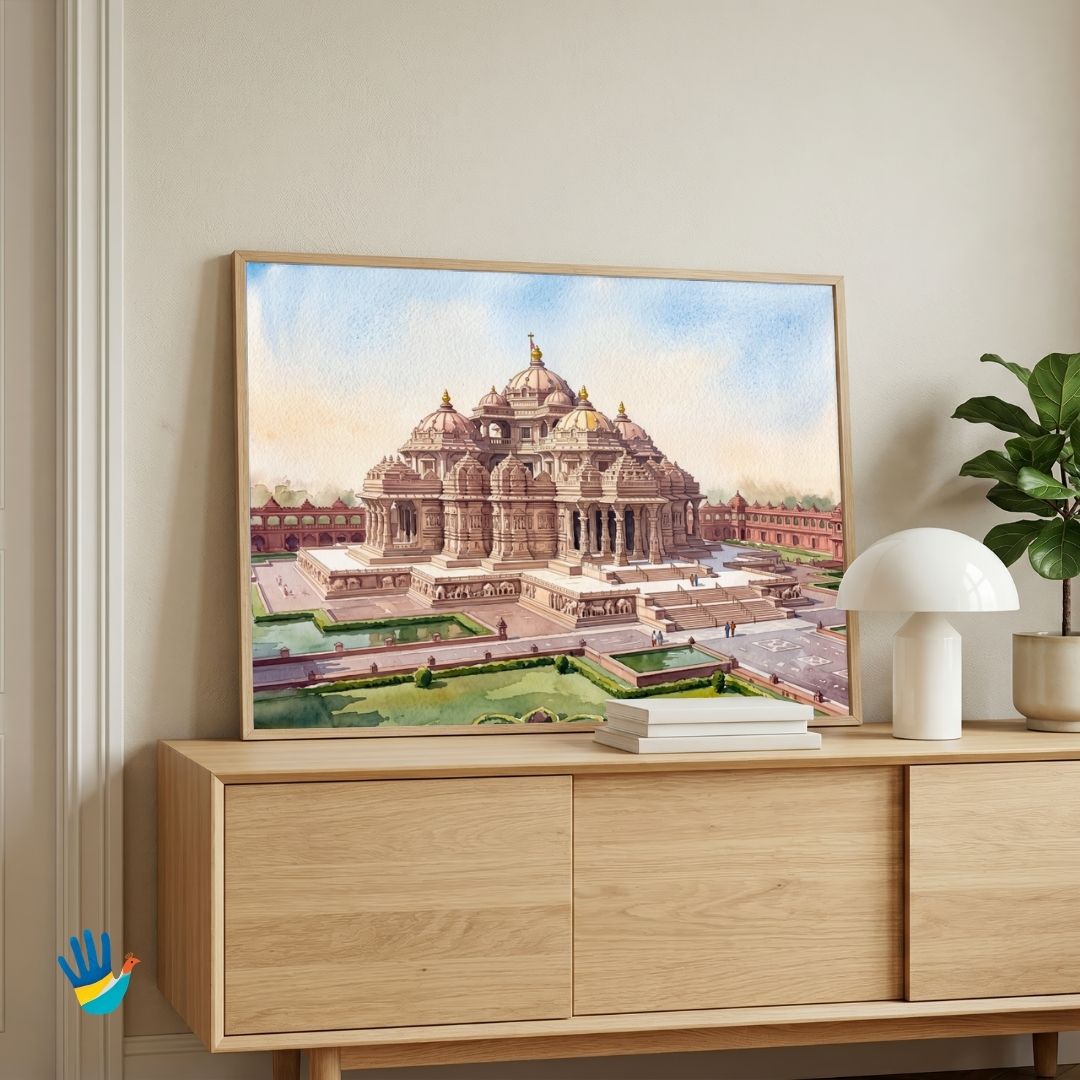 The Akshardham Mandir | Delhi Pink Sandstone Temple Watercolor Framed Art 4 : 3 Horizontal Premium Wall Art Canvas by MeriDeewar