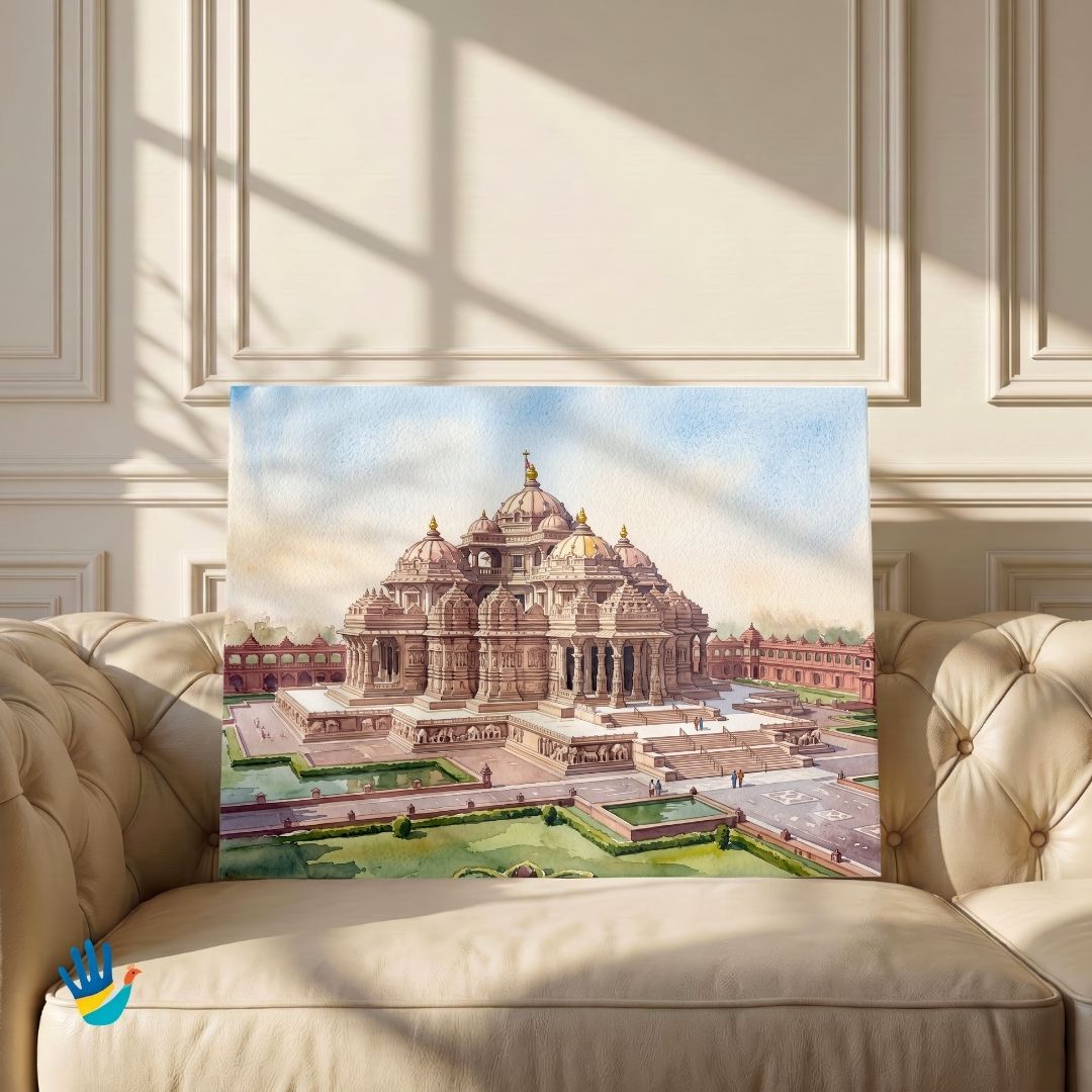 The Akshardham Mandir | Delhi Pink Sandstone Temple Watercolor Framed Art 4 : 3 Horizontal Premium Wall Art Canvas by MeriDeewar