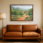 The Alphonso Grove | Coastal Orchard & Village Watercolor Landscape Framed Art Curate Premium Wall Art Canvas by MeriDeewar
