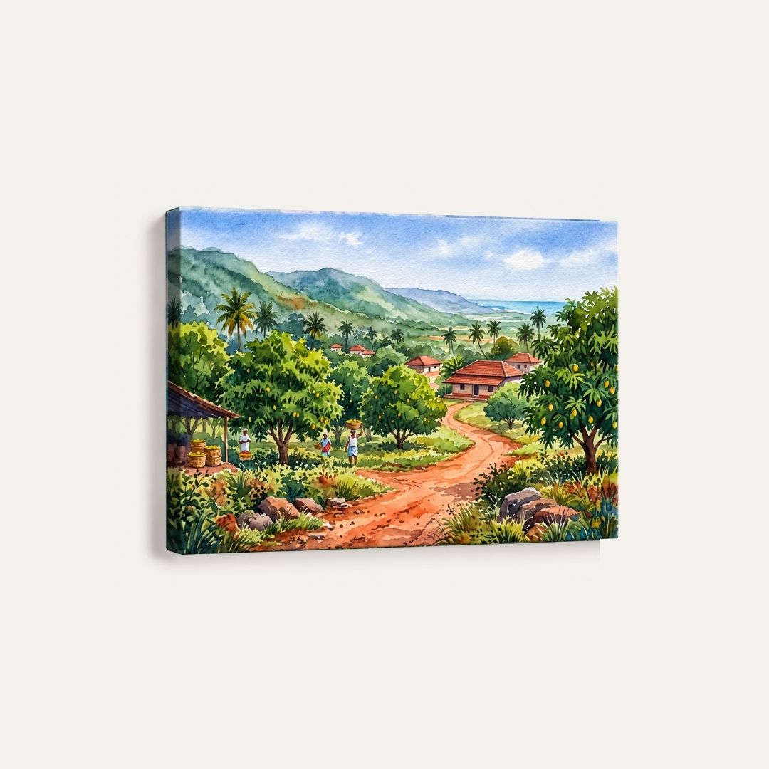 The Alphonso Grove | Coastal Orchard & Village Watercolor Landscape Gallery Wrap Canvas Curate Premium Wall Art Canvas by MeriDeewar
