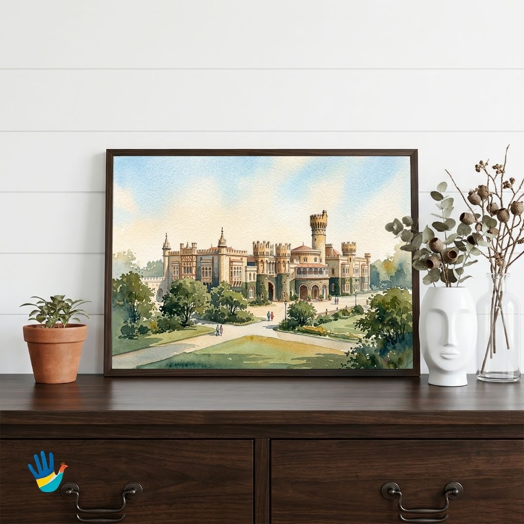 The Bangalore Palace | Tudor Architecture Landscape Watercolor Framed Art 4 : 3 Horizontal Premium Wall Art Canvas by MeriDeewar