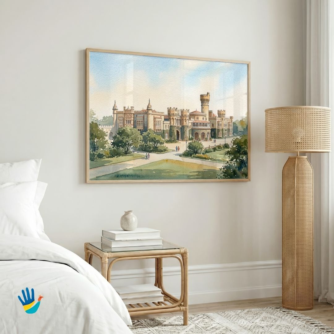 The Bangalore Palace | Tudor Architecture Landscape Watercolor Framed Art 4 : 3 Horizontal Premium Wall Art Canvas by MeriDeewar
