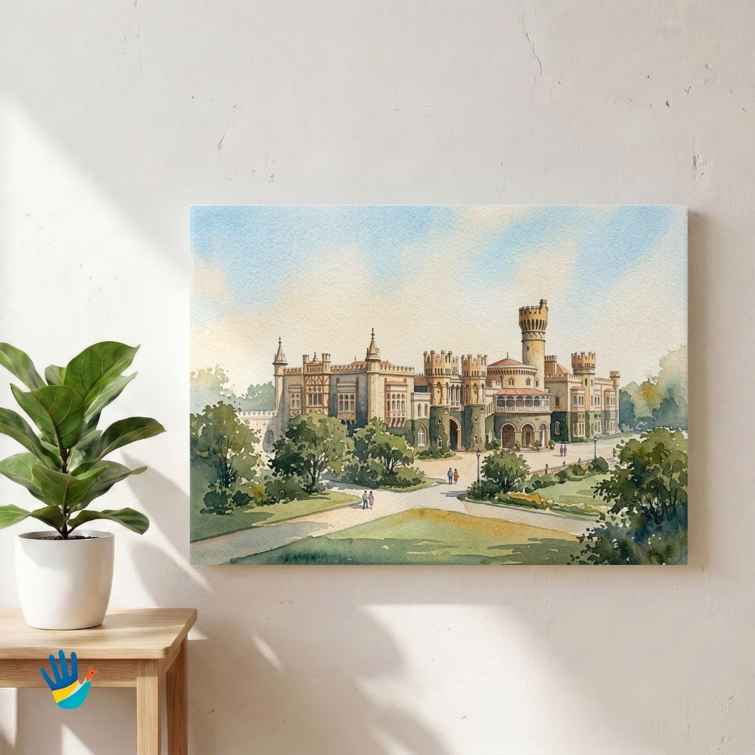 The Bangalore Palace | Tudor Architecture Landscape Watercolor Framed Art 4 : 3 Horizontal Premium Wall Art Canvas by MeriDeewar