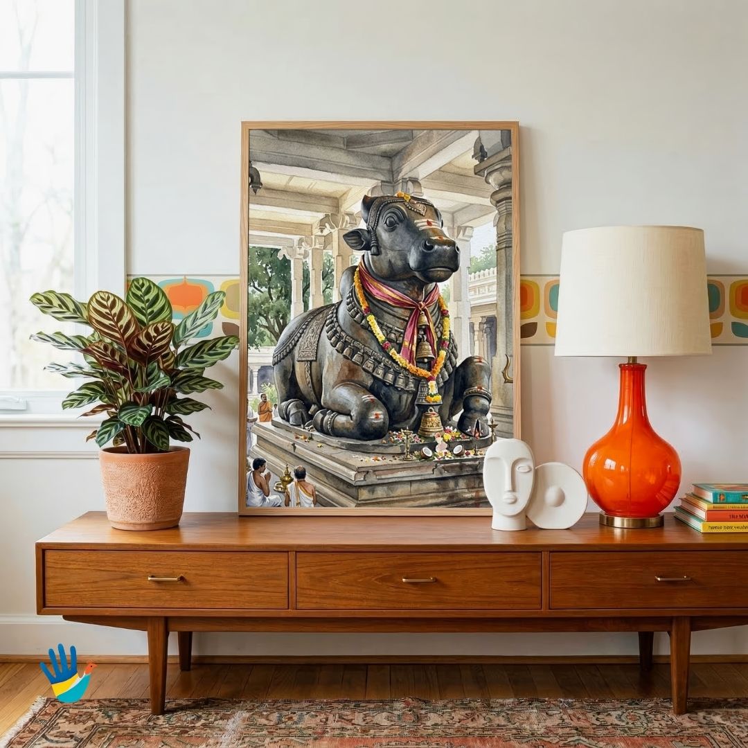 The Bull Temple | Bangalore Monolithic Nandi Watercolor Framed Art 3 : 4 Vertical Premium Wall Art Canvas by MeriDeewar