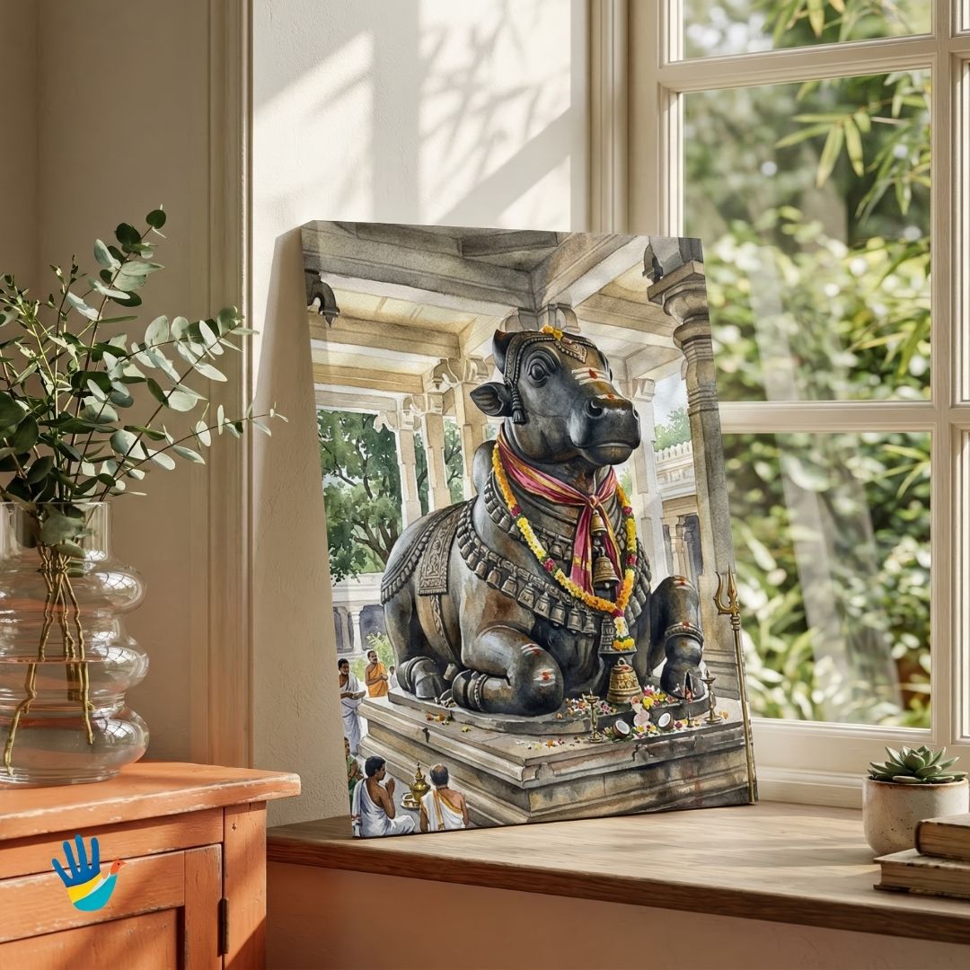 The Bull Temple | Bangalore Monolithic Nandi Watercolor Framed Art 3 : 4 Vertical Premium Wall Art Canvas by MeriDeewar