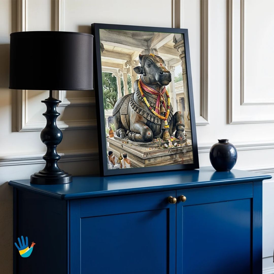 The Bull Temple | Bangalore Monolithic Nandi Watercolor Framed Art 3 : 4 Vertical Premium Wall Art Canvas by MeriDeewar
