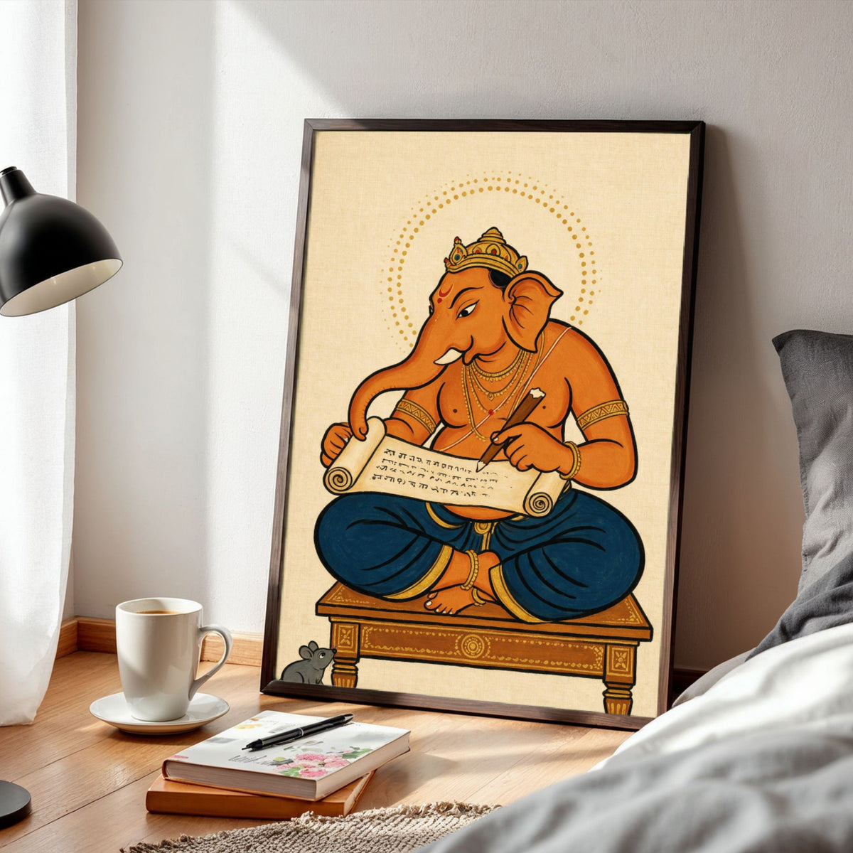 The Divine Scribe | Traditional Indian Folk Art Ganesha Writing Mahabharata Wall Art 3 : 4 Vertical Premium Wall Art Canvas by MeriDeewar