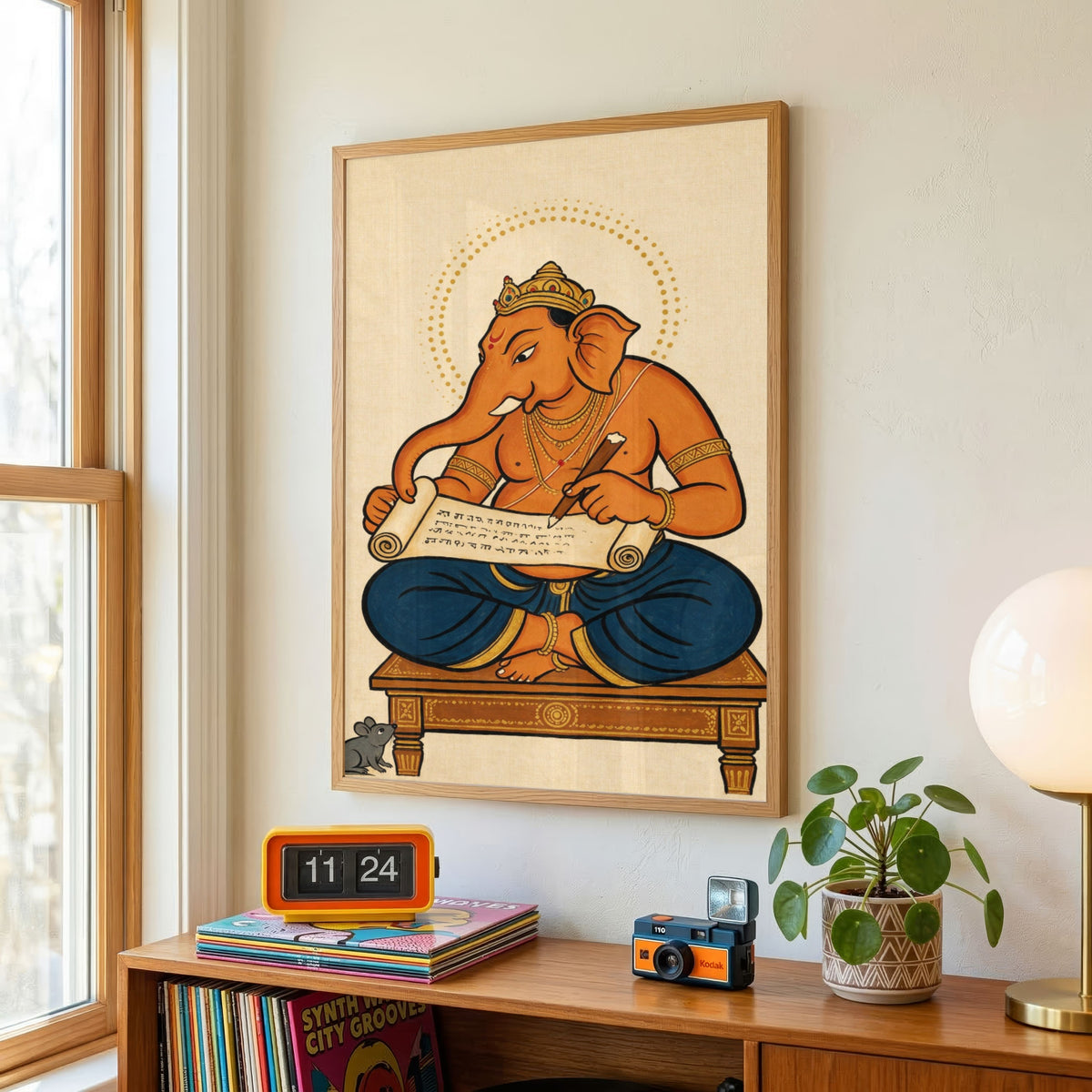 The Divine Scribe | Traditional Indian Folk Art Ganesha Writing Mahabharata Wall Art 3 : 4 Vertical Premium Wall Art Canvas by MeriDeewar