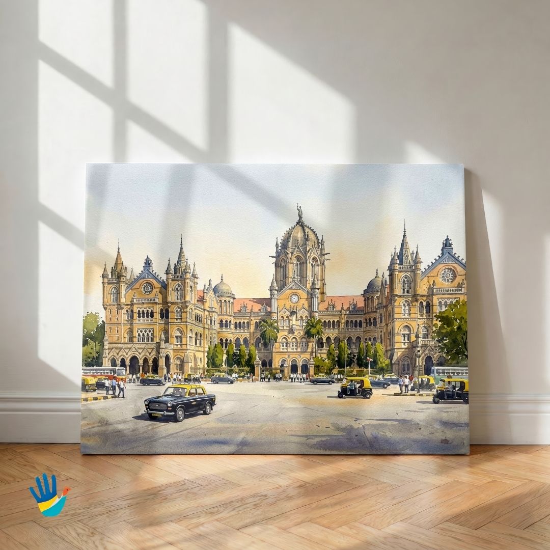 The Grand Terminus | Mumbai Historic CST Railway Architecture Watercolor Framed Art 4 : 3 Horizontal Premium Wall Art Canvas by MeriDeewar