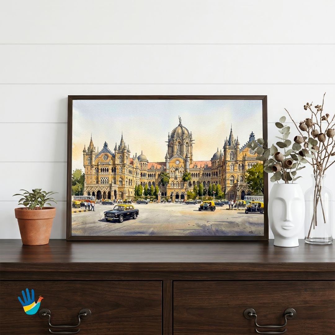 The Grand Terminus | Mumbai Historic CST Railway Architecture Watercolor Framed Art 4 : 3 Horizontal Premium Wall Art Canvas by MeriDeewar