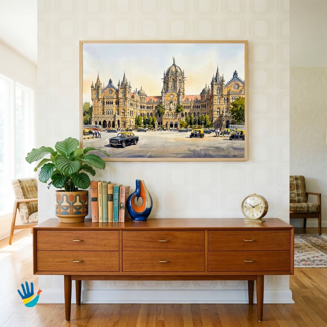 The Grand Terminus | Mumbai Historic CST Railway Architecture Watercolor Framed Art 4 : 3 Horizontal Premium Wall Art Canvas by MeriDeewar