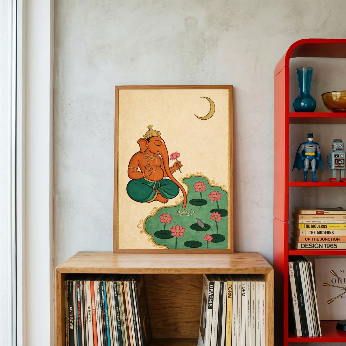 The Lotus Pond Ganesha | Traditional Indian Miniature Style Sacred Wall Art 3 : 4 Vertical Premium Wall Art Canvas by MeriDeewar
