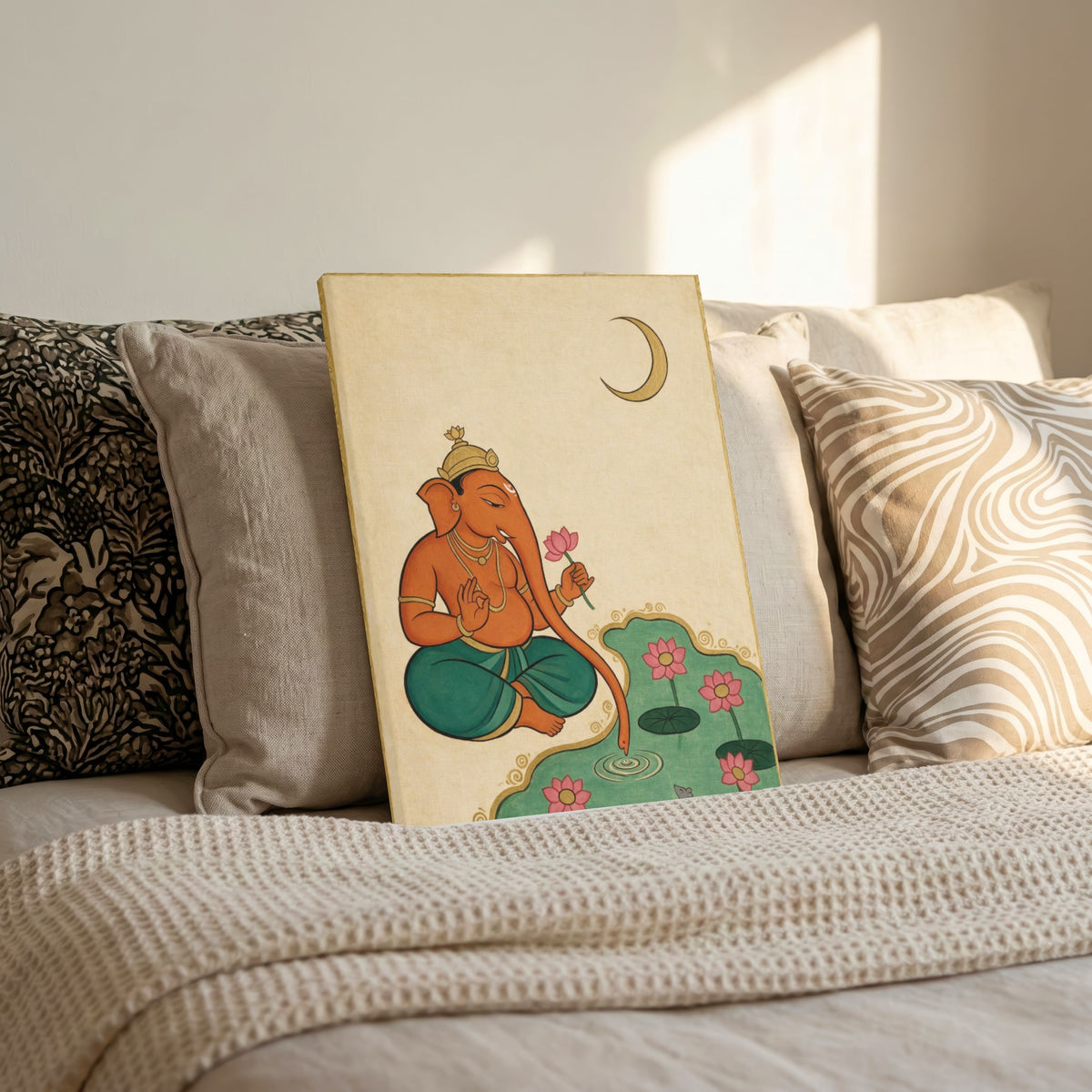 The Lotus Pond Ganesha | Traditional Indian Miniature Style Sacred Wall Art 3 : 4 Vertical Premium Wall Art Canvas by MeriDeewar