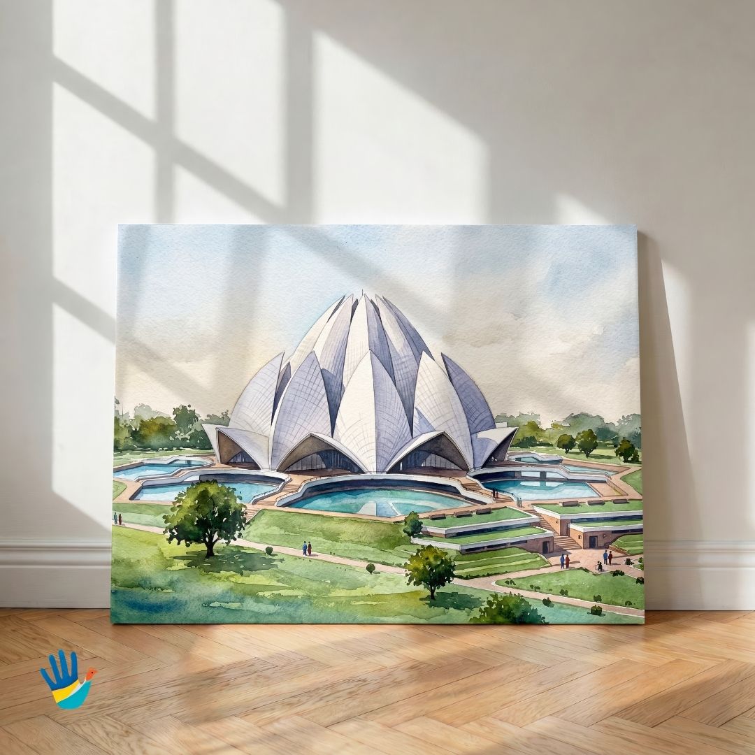 The Lotus Temple | Delhi Architectural Marble Sanctuary Watercolor Framed Art 4 : 3 Horizontal Premium Wall Art Canvas by MeriDeewar