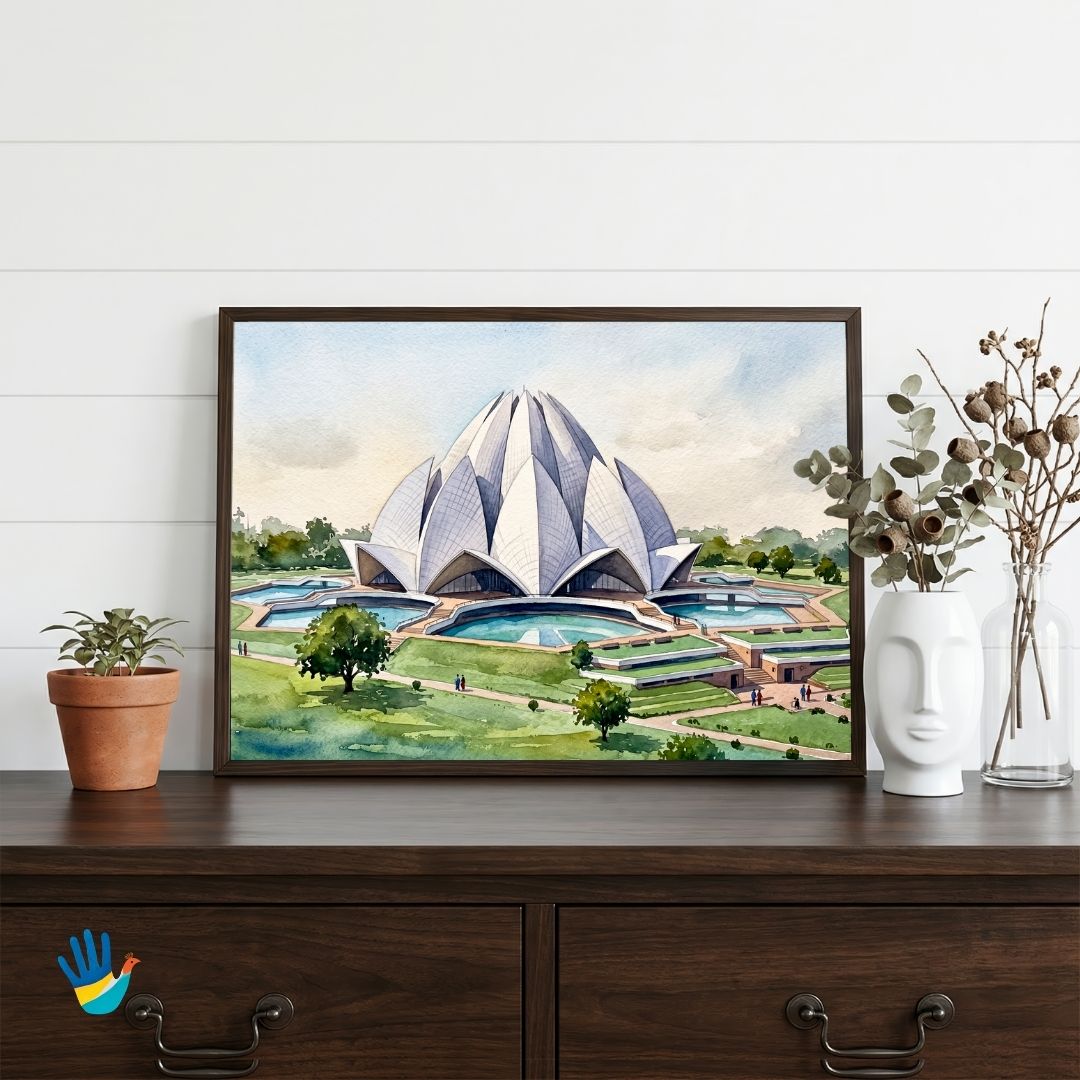 The Lotus Temple | Delhi Architectural Marble Sanctuary Watercolor Framed Art 4 : 3 Horizontal Premium Wall Art Canvas by MeriDeewar