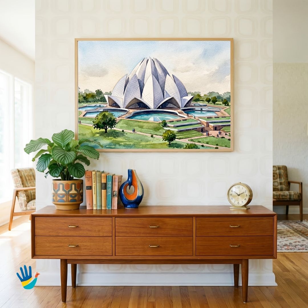 The Lotus Temple | Delhi Architectural Marble Sanctuary Watercolor Framed Art 4 : 3 Horizontal Premium Wall Art Canvas by MeriDeewar
