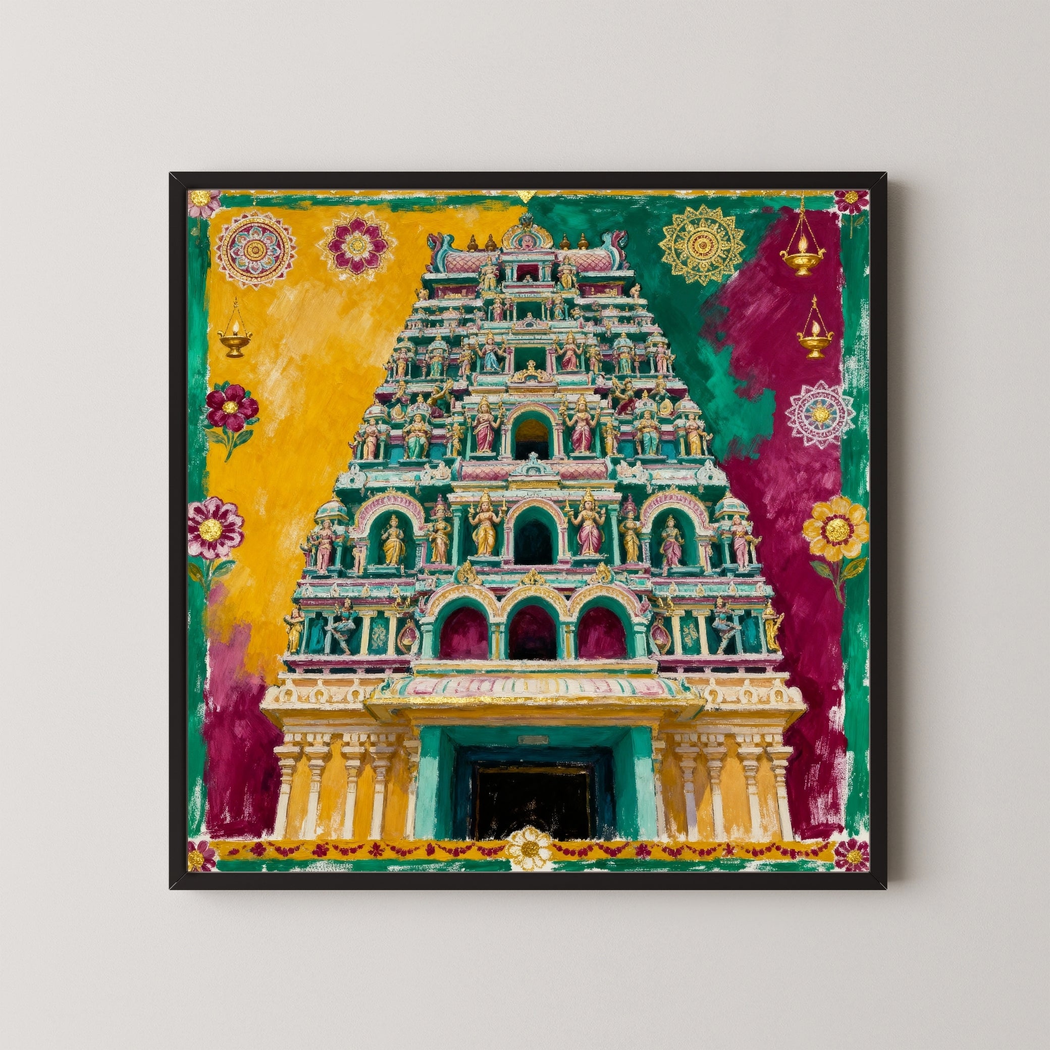 The Meenakshi Temple | Joyful Architecture Sculpture Art | MeriDeewar 1 : 1 Square Premium Wall Art Canvas by MeriDeewar