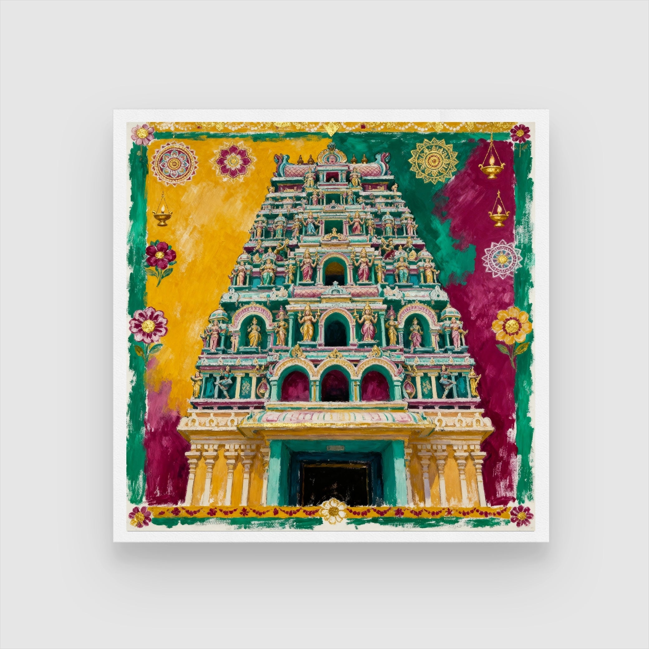 The Meenakshi Temple | Joyful Architecture Sculpture Art | MeriDeewar 1 : 1 Square Premium Wall Art Canvas by MeriDeewar