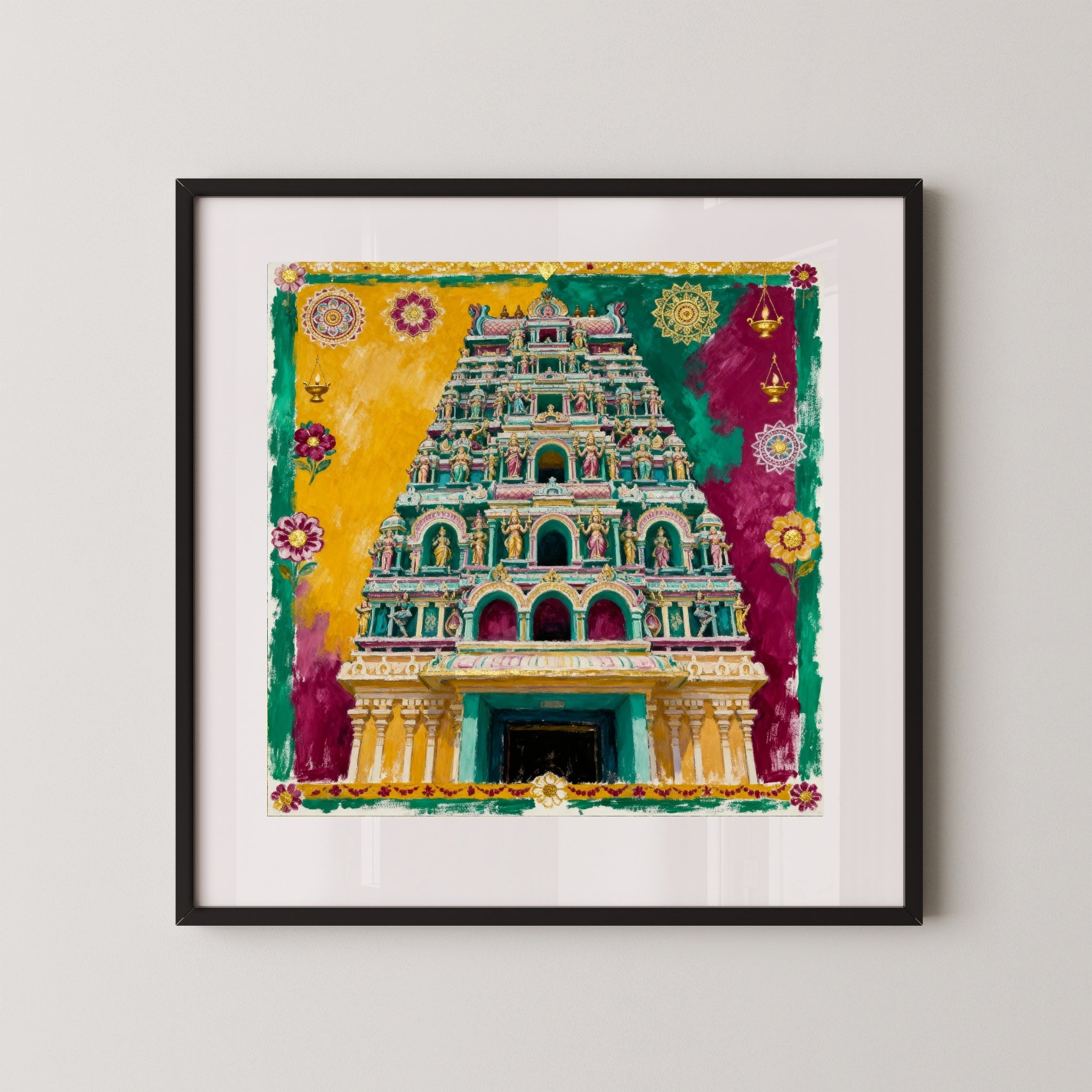 The Meenakshi Temple | Joyful Architecture Sculpture Art | MeriDeewar 1 : 1 Square Premium Wall Art Canvas by MeriDeewar