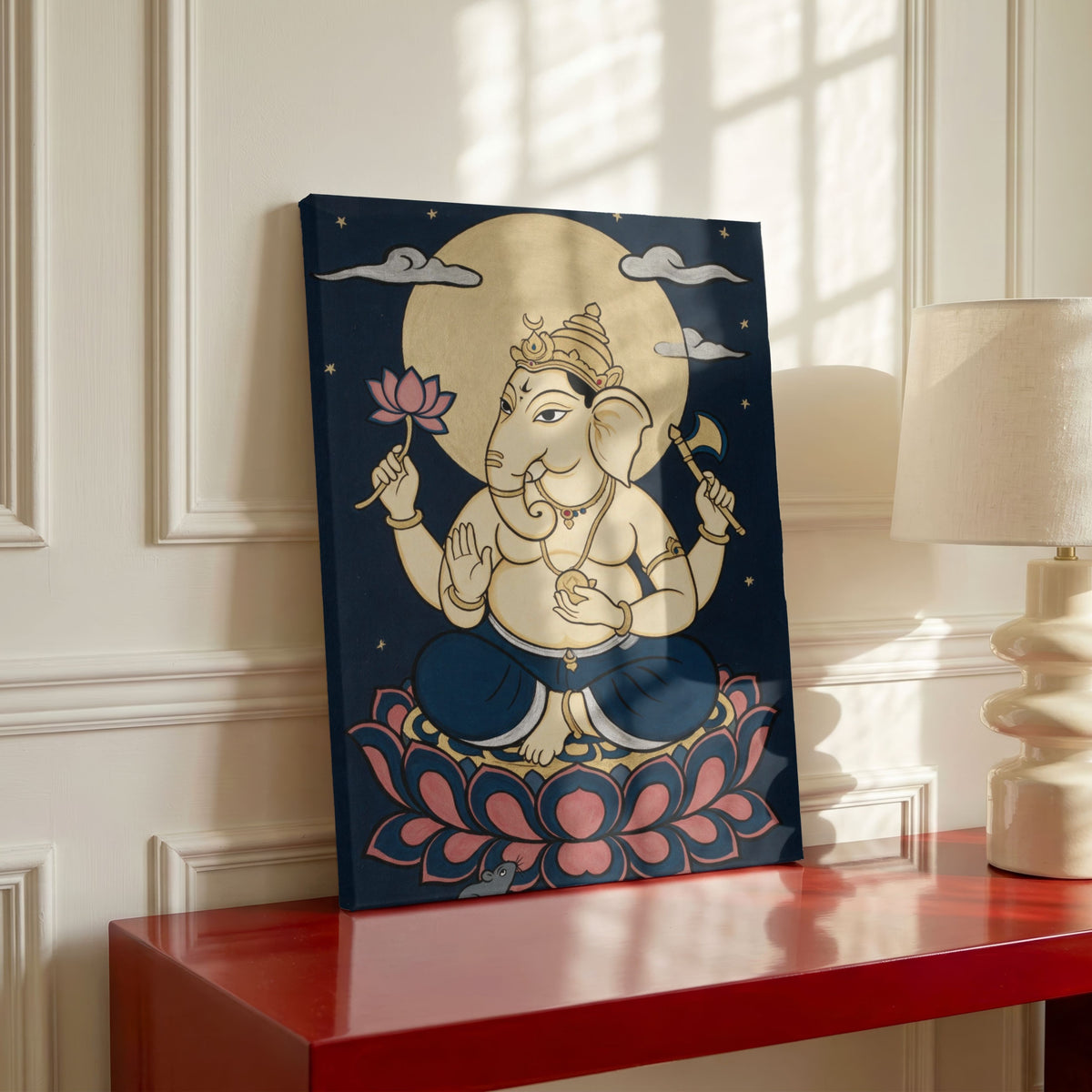 The Moonlit Lotus Ganesha | Traditional Indian Folk Wall Art 3 : 4 Vertical Premium Wall Art Canvas by MeriDeewar