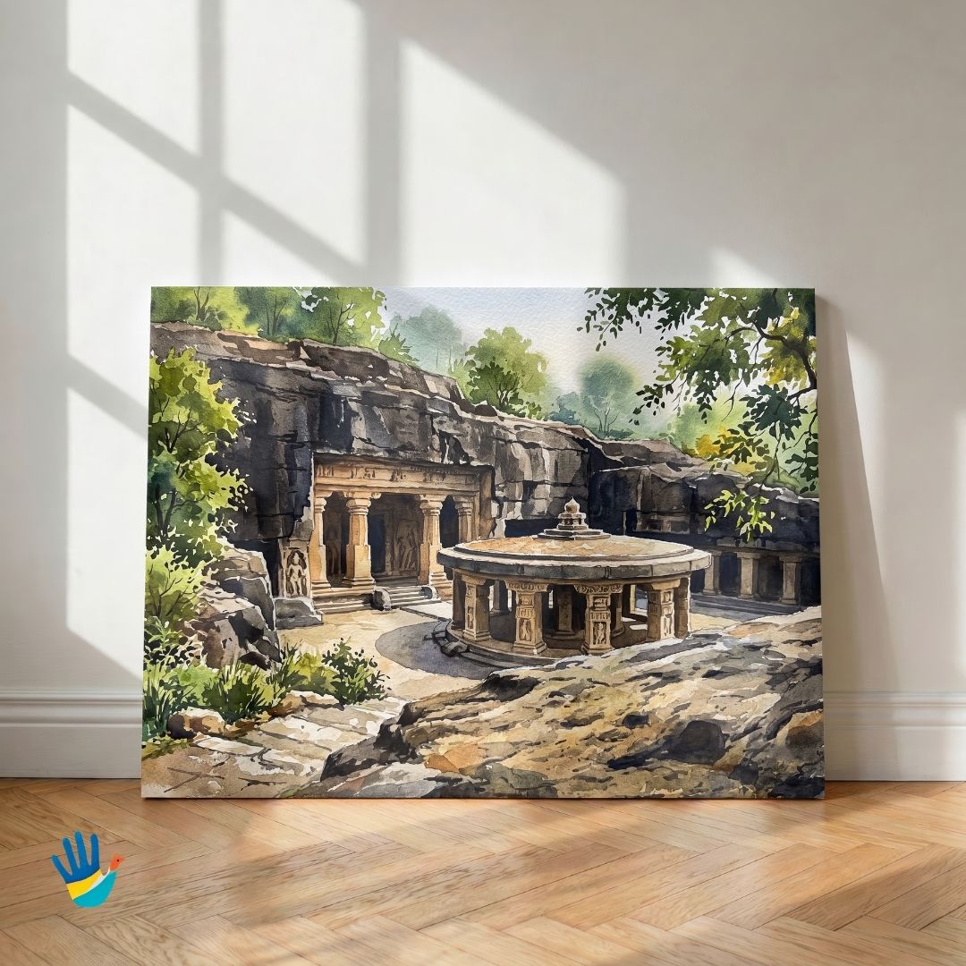 The Pataleshwar Cave Temple | Pune Ancient Rock-Cut Architecture Framed Art 4 : 3 Horizontal Premium Wall Art Canvas by MeriDeewar