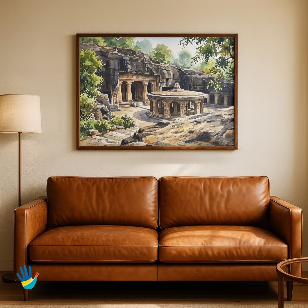 The Pataleshwar Cave Temple | Pune Ancient Rock-Cut Architecture Framed Art 4 : 3 Horizontal Premium Wall Art Canvas by MeriDeewar