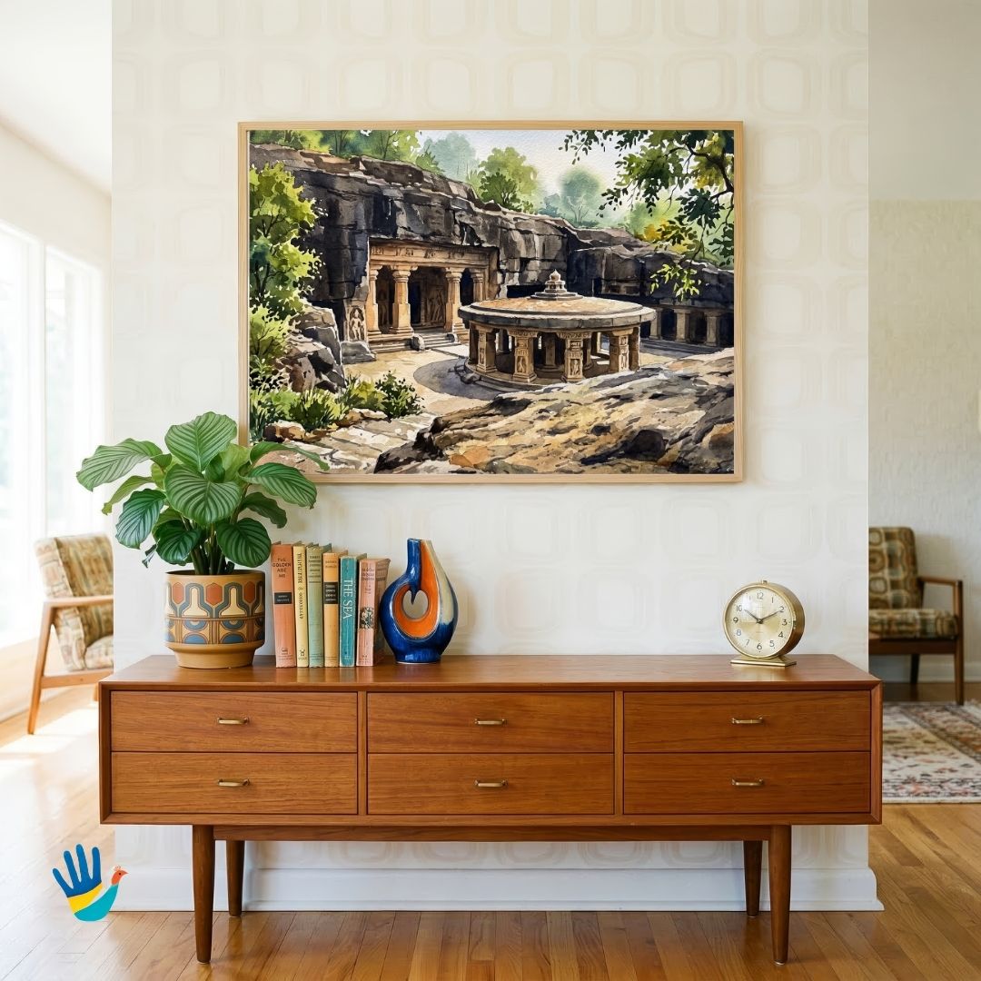The Pataleshwar Cave Temple | Pune Ancient Rock-Cut Architecture Framed Art 4 : 3 Horizontal Premium Wall Art Canvas by MeriDeewar