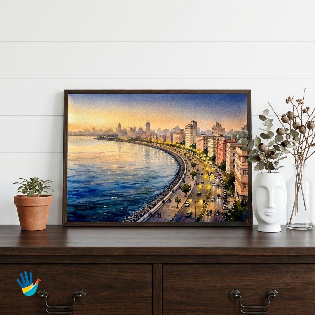 The Queen's Necklace | Mumbai Marine Drive Twilight Skyline Watercolor Framed Art 4 : 3 Horizontal Premium Wall Art Canvas by MeriDeewar