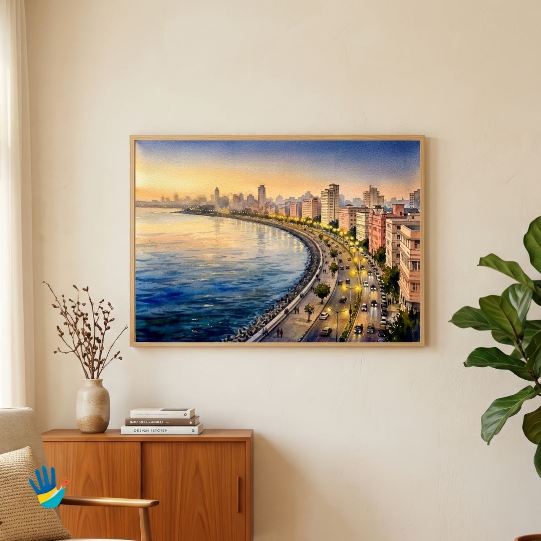 The Queen's Necklace | Mumbai Marine Drive Twilight Skyline Watercolor Framed Art 4 : 3 Horizontal Premium Wall Art Canvas by MeriDeewar