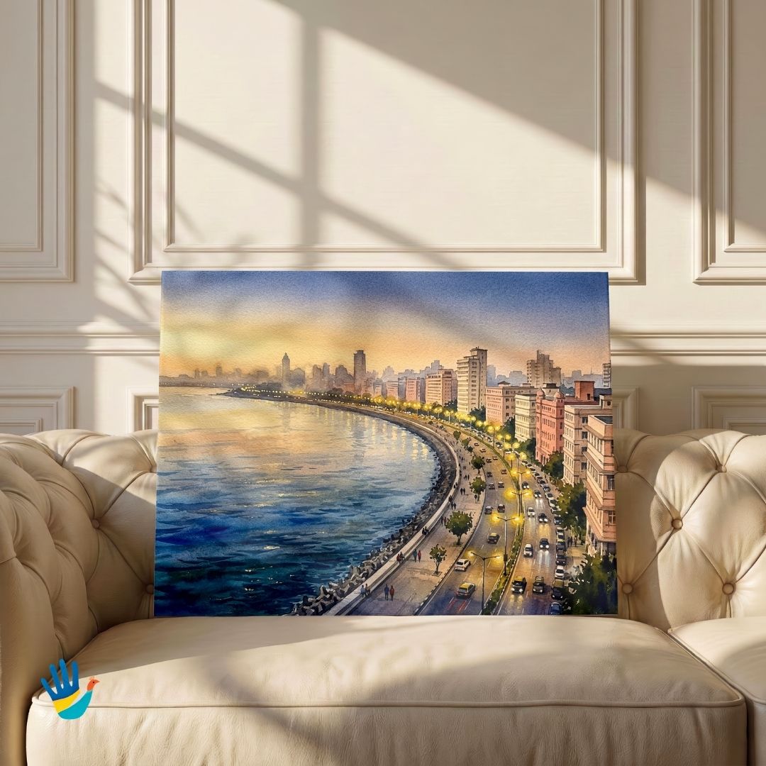The Queen's Necklace | Mumbai Marine Drive Twilight Skyline Watercolor Framed Art 4 : 3 Horizontal Premium Wall Art Canvas by MeriDeewar