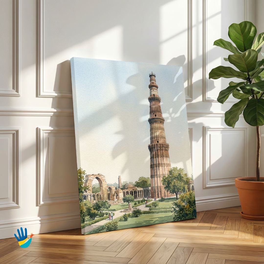 The Qutub Minar | Delhi Historic Sandstone Minaret Watercolor Framed Art 3 : 4 Vertical Premium Wall Art Canvas by MeriDeewar