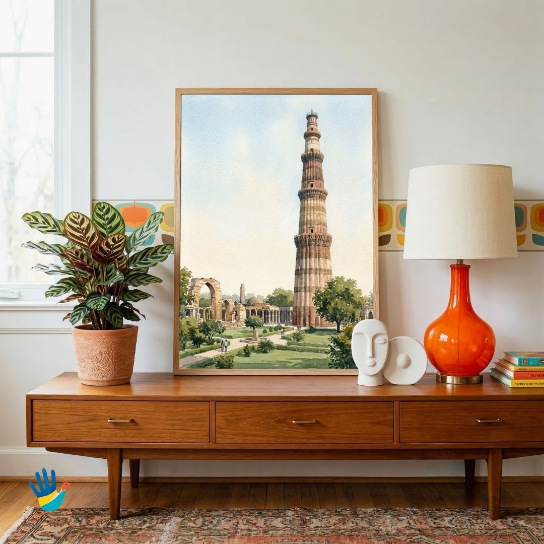 The Qutub Minar | Delhi Historic Sandstone Minaret Watercolor Framed Art 3 : 4 Vertical Premium Wall Art Canvas by MeriDeewar