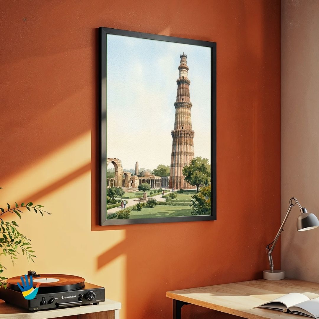 The Qutub Minar | Delhi Historic Sandstone Minaret Watercolor Framed Art 3 : 4 Vertical Premium Wall Art Canvas by MeriDeewar