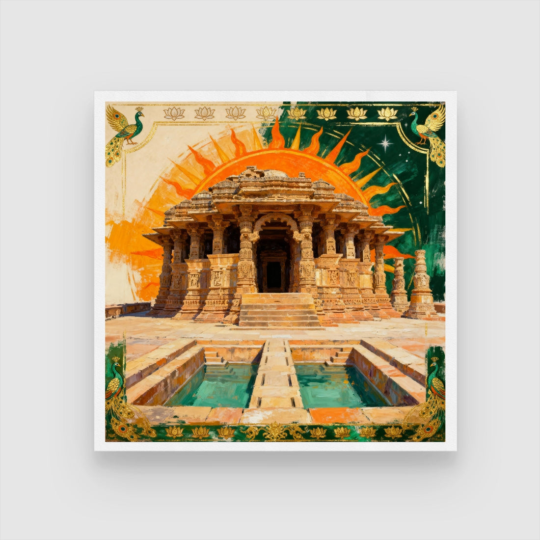 The Radiant Temple – Modhera Sun Temple Indian Heritage Wall Painting 1 : 1 Square Premium Wall Art Canvas by MeriDeewar