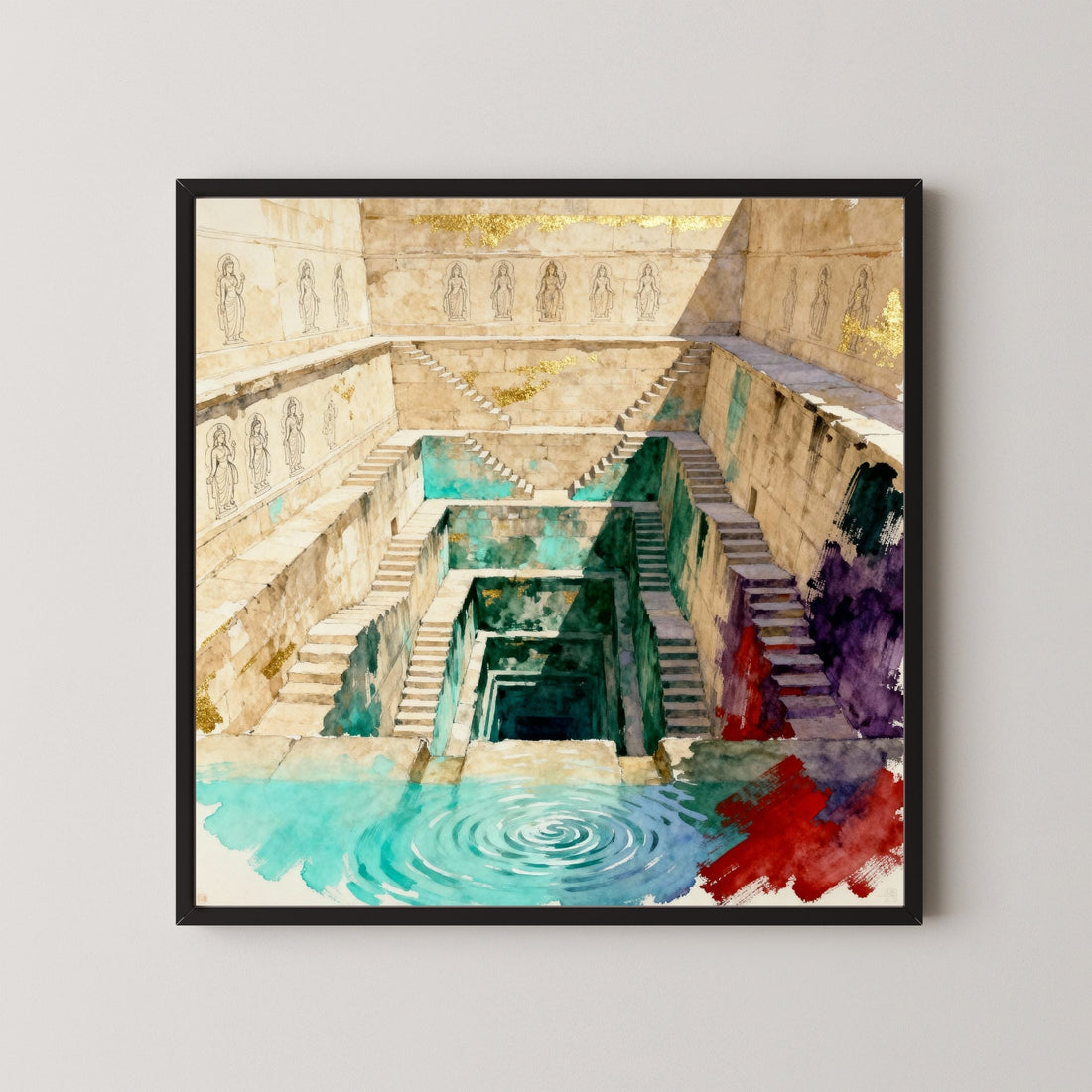 The Sacred Depths – Indian Stepwell Wall Painting 1 : 1 Square Premium Wall Art Canvas by MeriDeewar