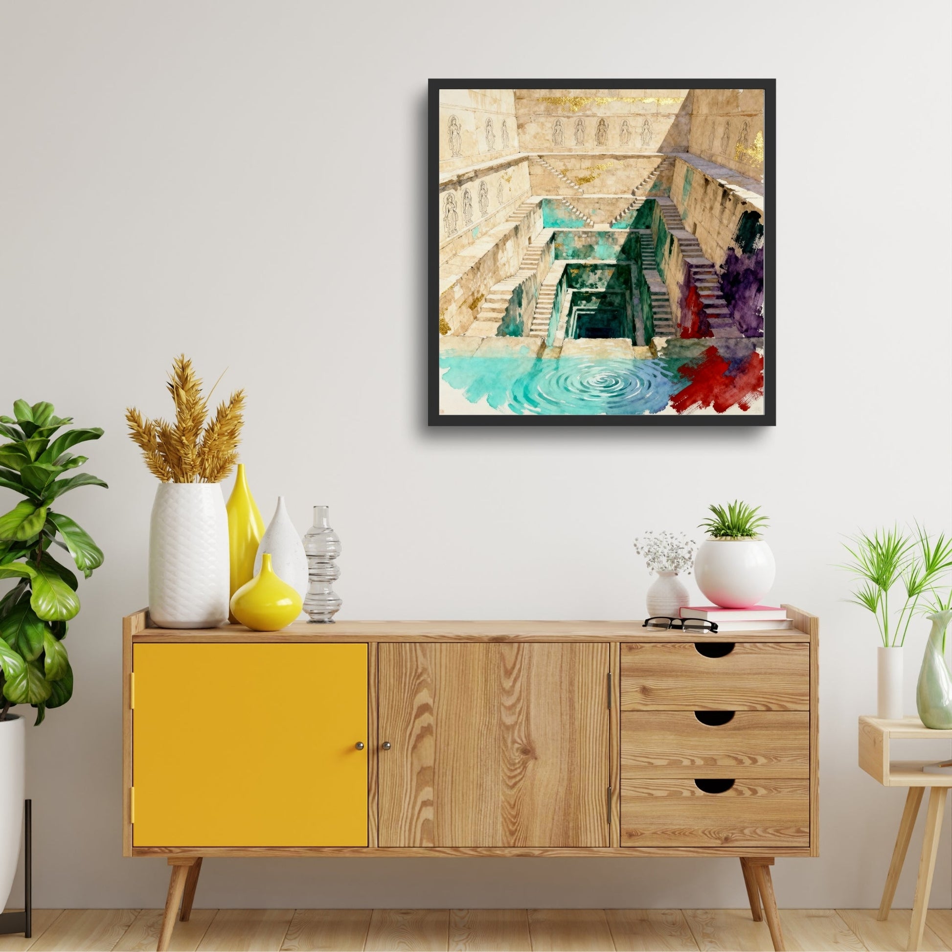 The Sacred Depths – Indian Stepwell Wall Painting 1 : 1 Square Premium Wall Art Canvas by MeriDeewar