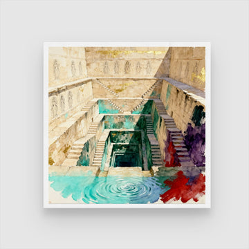 The Sacred Depths – Indian Stepwell Wall Painting 1 : 1 Square Premium Wall Art Canvas by MeriDeewar